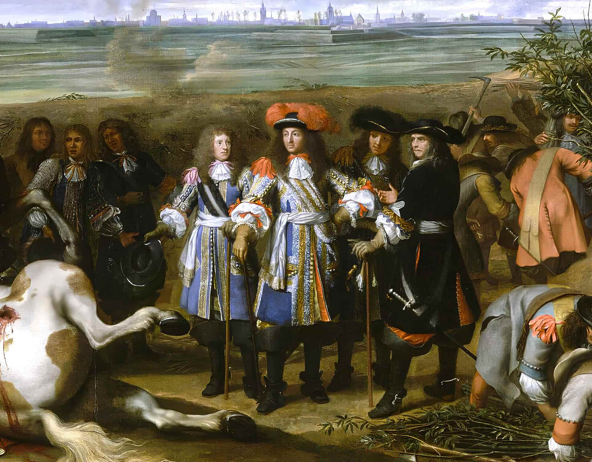 Louis XIV's full stature next to other people at Douai in the War of Devolution, 1667. He was intentionally depicted as tall.