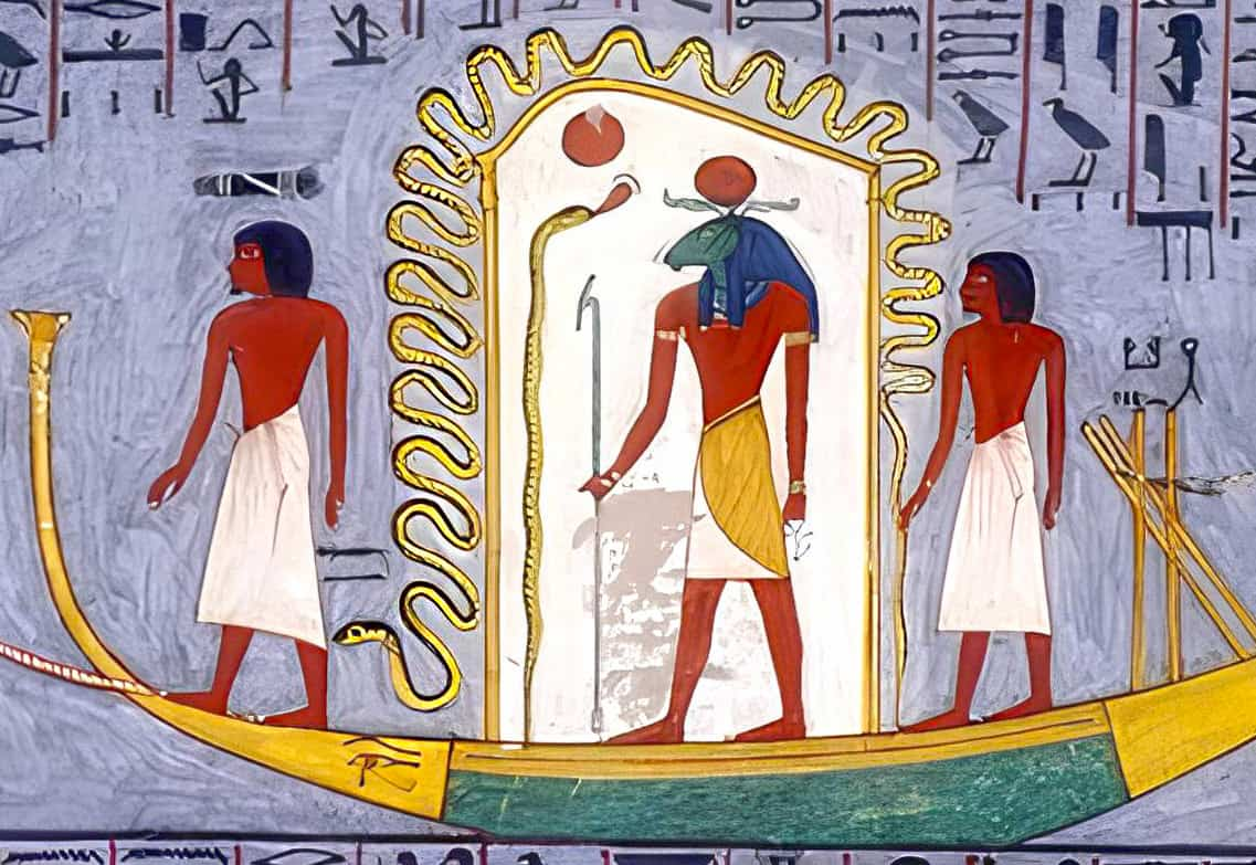 Ra traveling through the underworld in his solar barque while shielded by the snake Mehen. From the copy of the Book of Gates in the tomb of Ramses I (KV16).