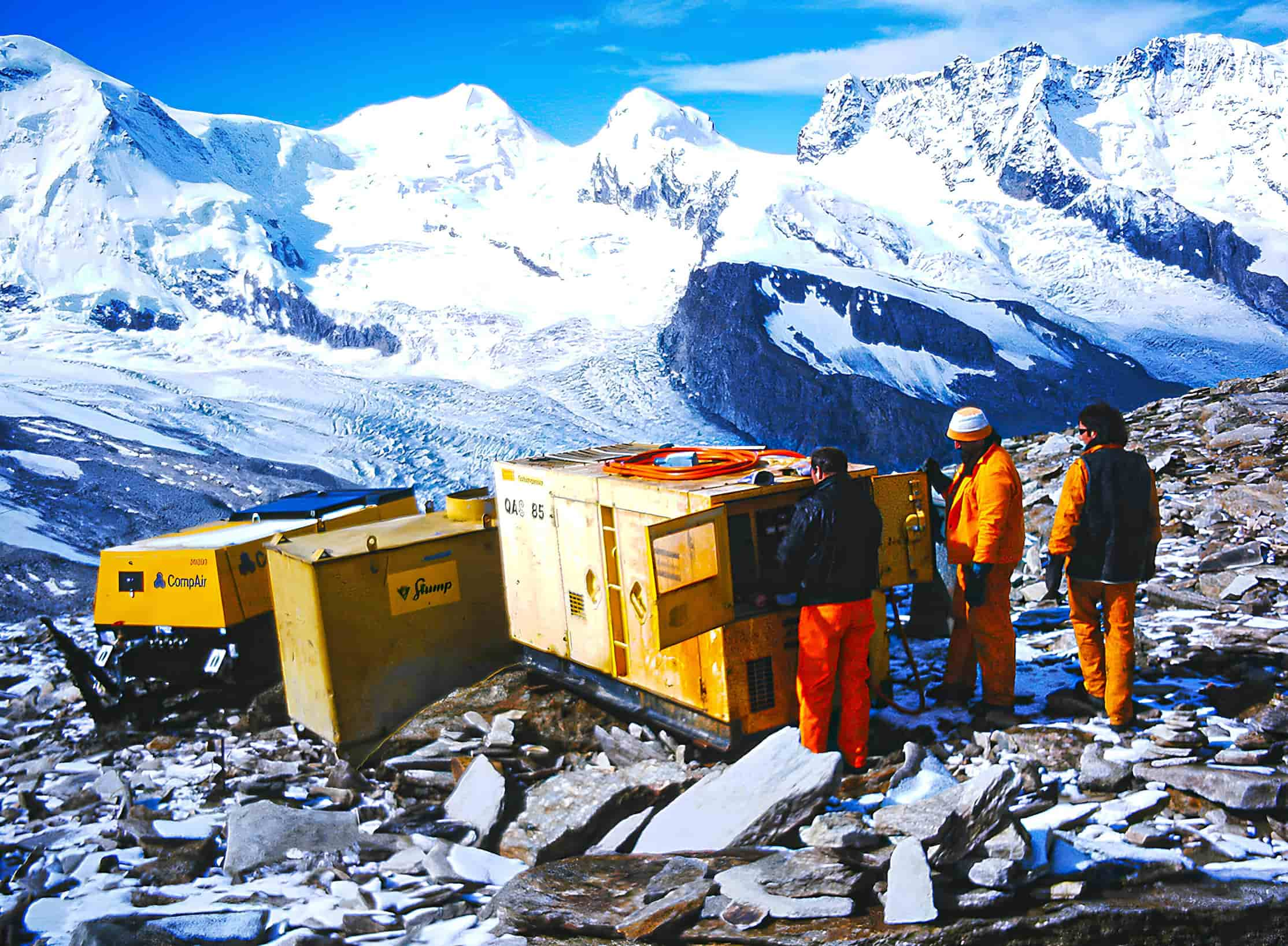 330-foot-deep drilling in bedrock on Stockhorn, Zermatt area, Swiss Alps. Temperature recordings show a permafrost thickness of 575 feet.