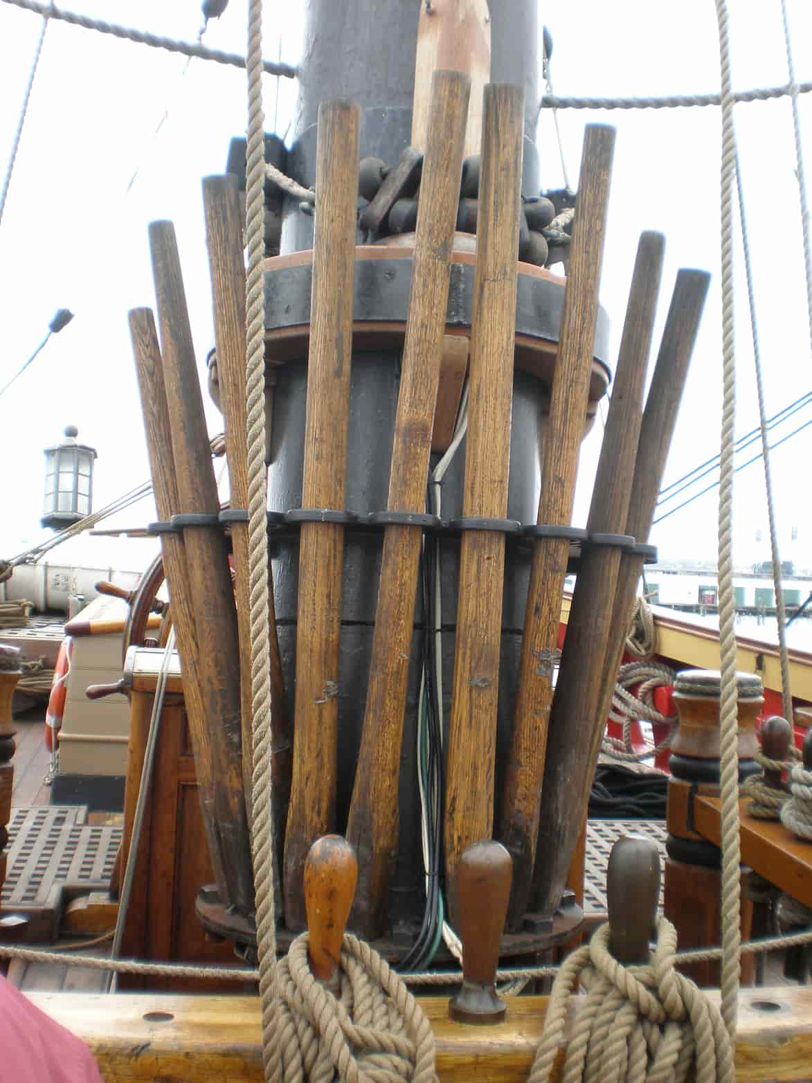 The capstan handspikes on a ship.