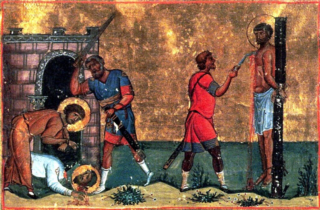 Martyrdom of Sts. Trophimos, Sabbatios, and Dorymedon. From the Menologion of Basil II.