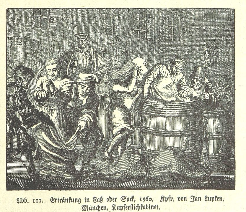 "Ertränkung in Faß oder Sack" (Drowning in Barrel or Sack), a 1560 sketch showing capital punishment Poena Cullei