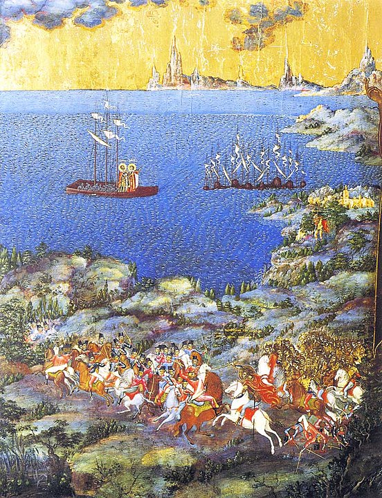 The Battle of Neva, Saints Boris and Gleb in a boat. Fragment of the icon "St. Alexander Nevsky with scenes from his life.".