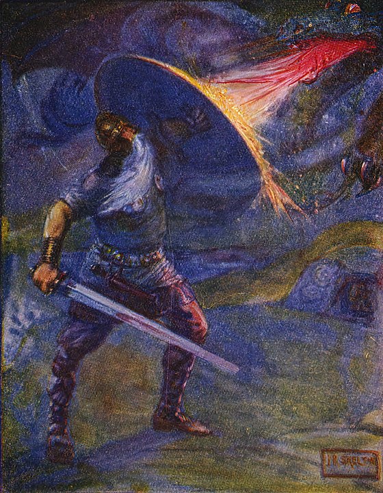 Beowulf carrying Hrunting fighting the dragon