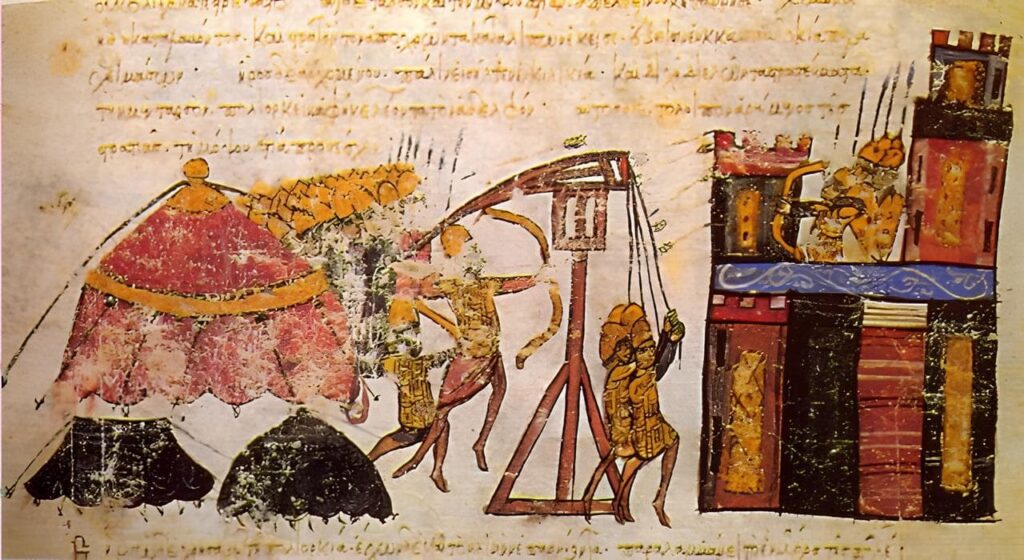 A Byzantine trebuchet and a Byzantine siege of a citadel. 11th century.