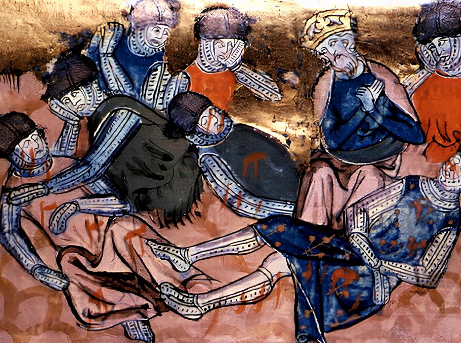 Charlemagne mourning the Battle of Roncevaux Pass dead; 14th-century miniature.