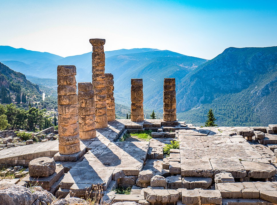 Ruins of the ancient Temple of Apollo at Delphi, overlooking the valley of Phocis.