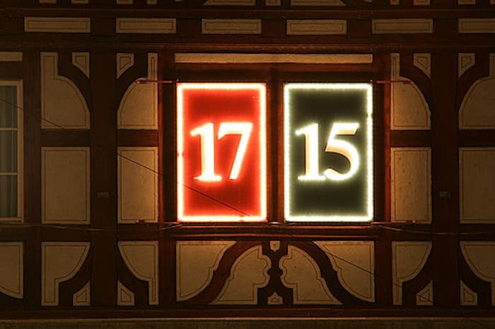 Doors for 15 and 17 December of an Advent calendar at a building in Lucerne, Switzerland.