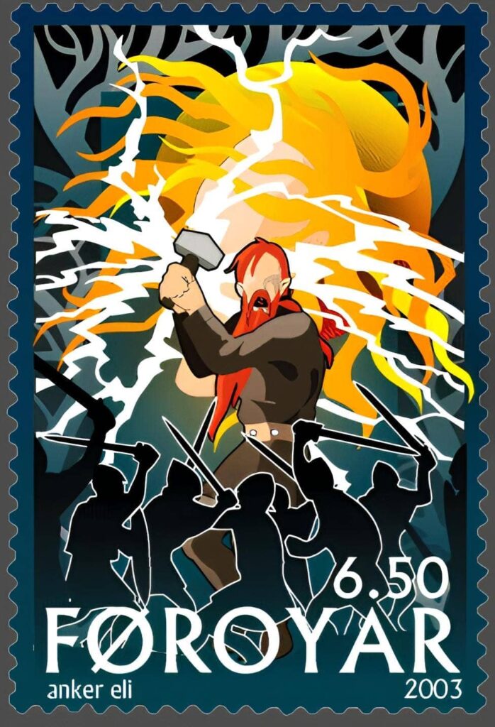 Image of the execution of Gullveig on a Faroe postage stamp.