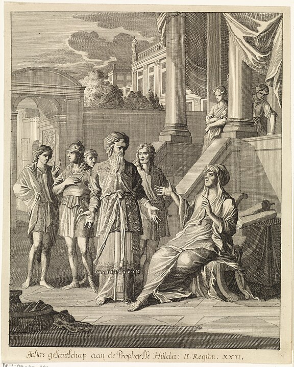 Huldah prophesies the destruction of Jerusalem. Print by Caspar Luyken, 1708.