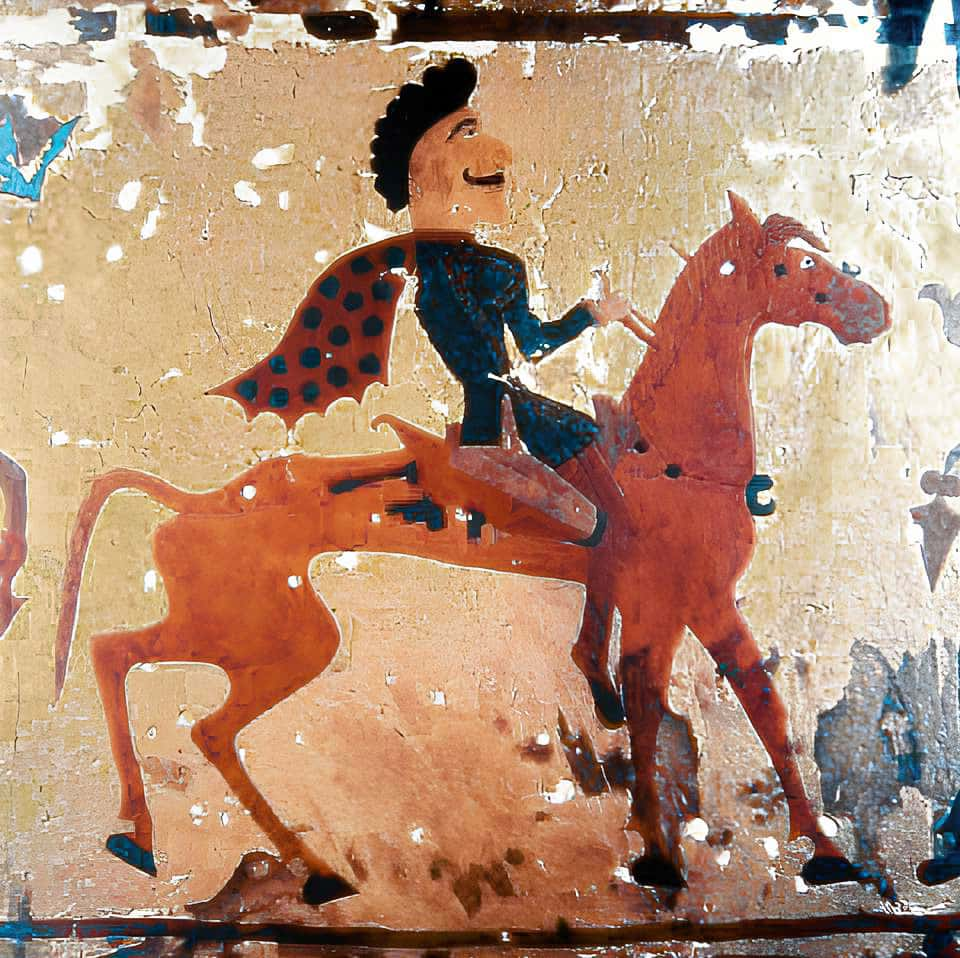 Scythian rider. Detail from a carpet. 300 BC. Pazyryk horseman.