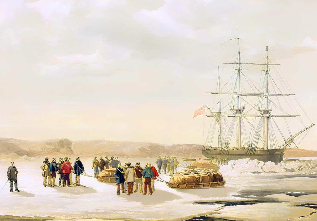 Sledge party leaving HMS Investigator in Mercy Bay under the command of Lieutenant Gurney Cresswell, April 15, 1853.