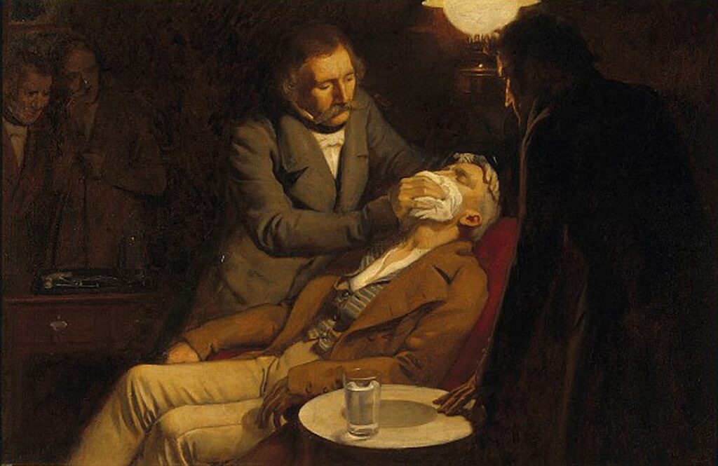 V0018140 The first use of ether in dental surgery, 1846. Oil painting.Credit: Wellcome Library, London. Wellcome Images.images@wellcome.ac.uk.http://images.wellcome.ac.uk.The first use of ether in dental surgery, 1846. Oil painting by Ernest Board