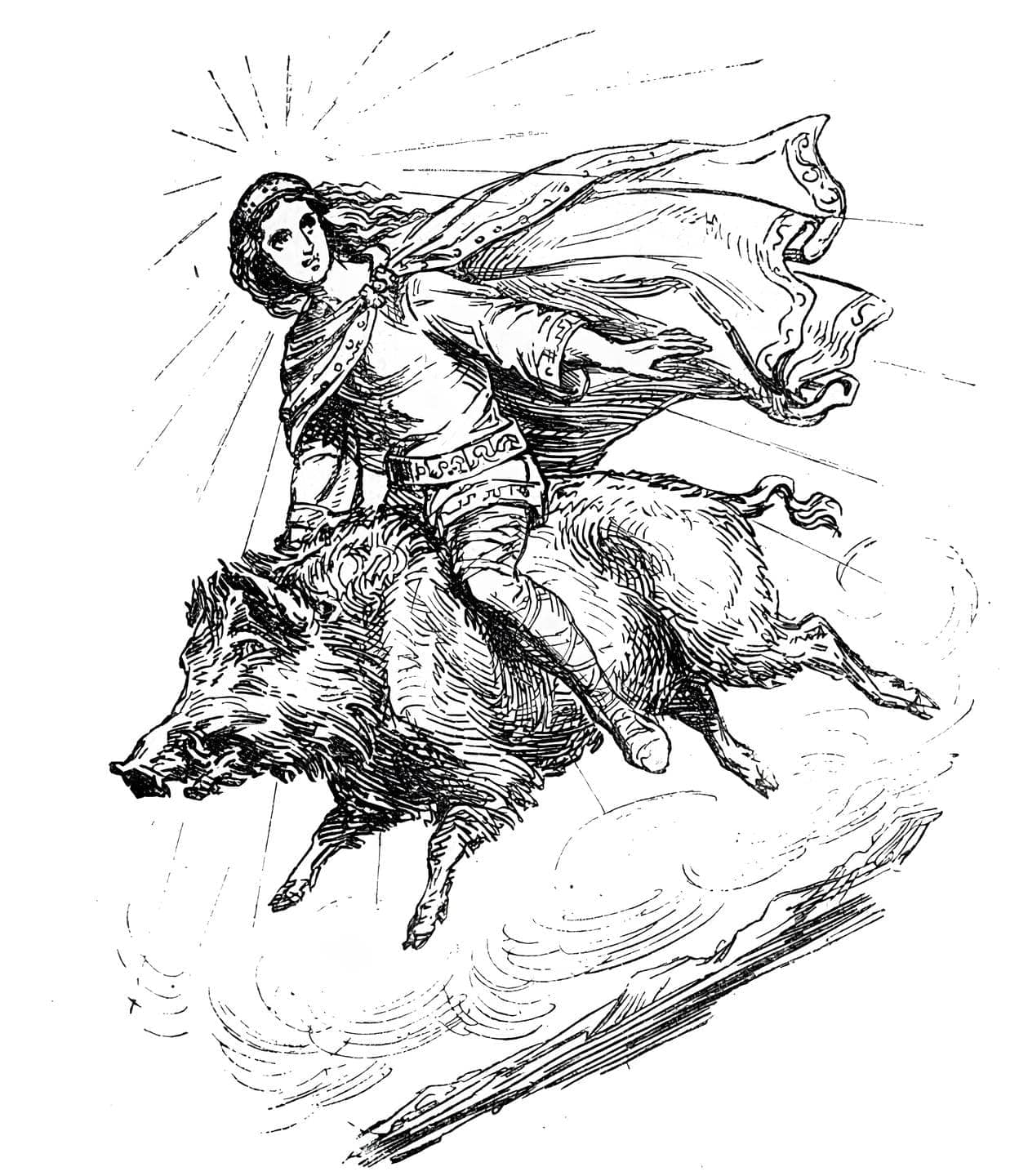 The god Freyr, riding his boar, Gullinbursti.