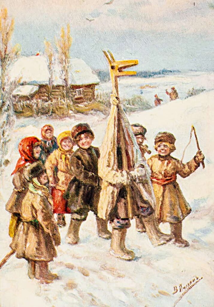 A Russian postcard before 1917 displaying a Koliada custom.