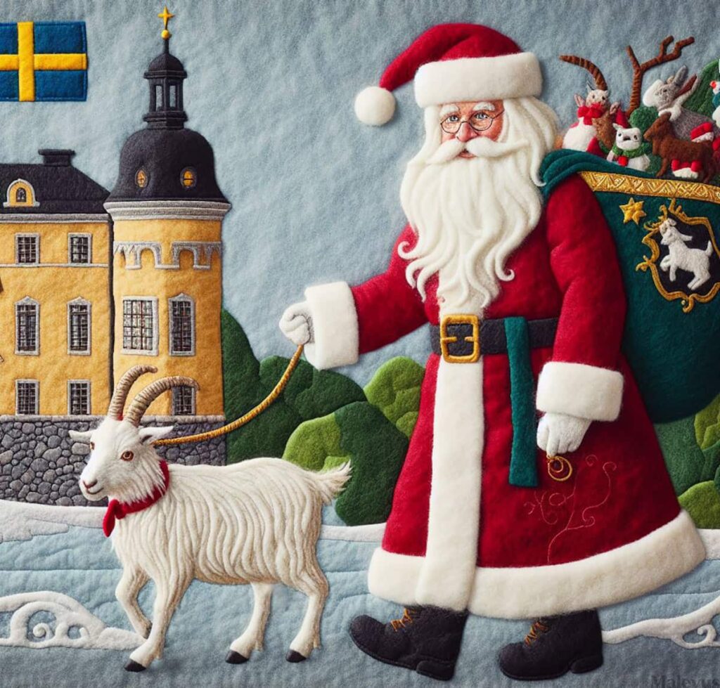 Jultomten, or Santa Claus in Sweden, leading a goat on a leash.