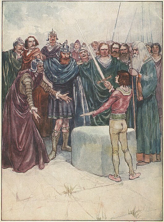 Arthur draws the sword from the stone in Henrietta Elizabeth Marshall's Our Island Story (1906)