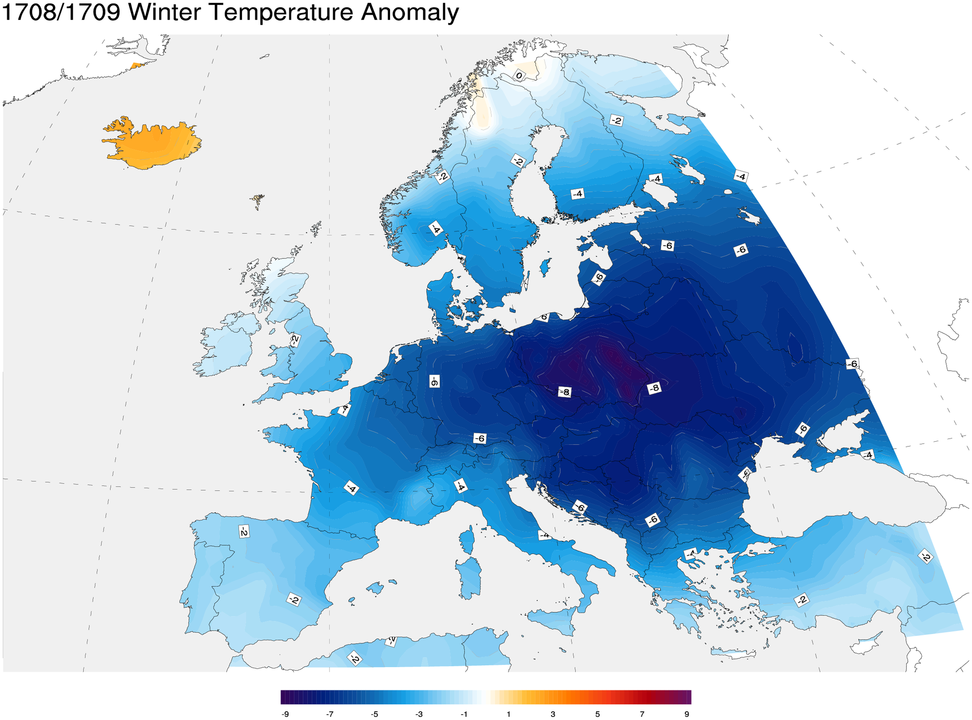 1708/1709 winter temperature anomaly with respect to 1971–2000 climatology Great Frost of 1709