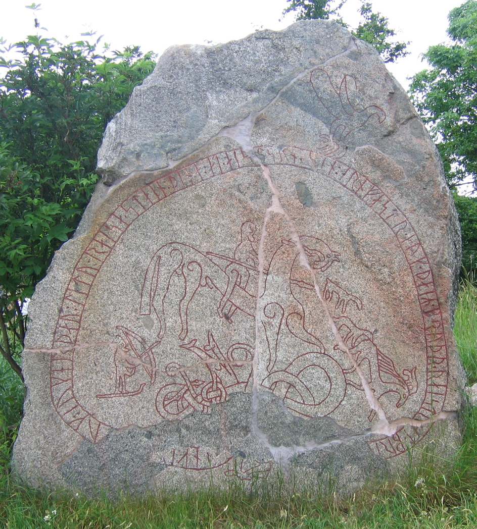 Böksta runestone depicts Odin on horseback, Gungnir