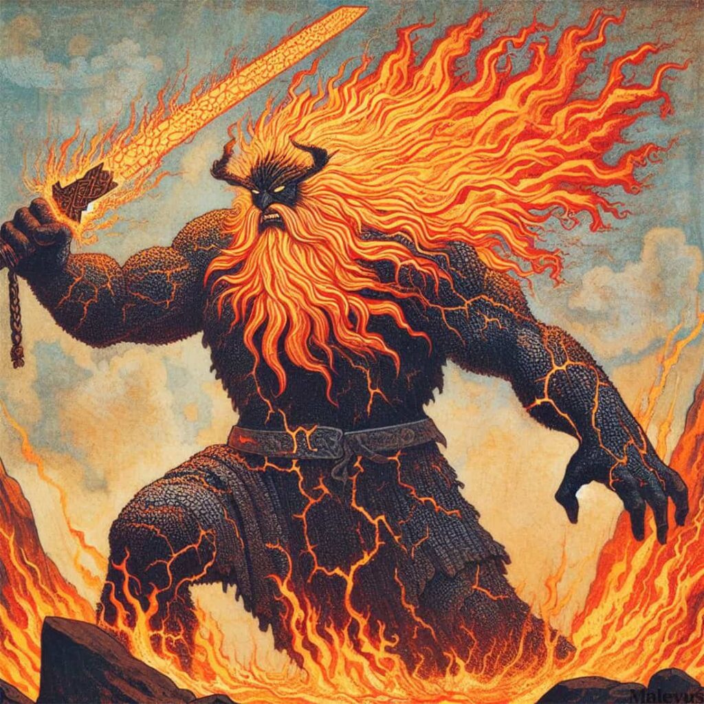 The giant Surtr and his flaming sword. 