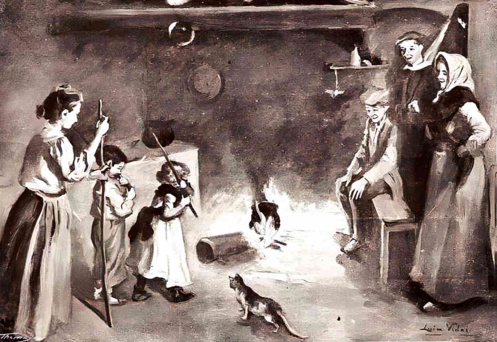 A Catalan family making Tio de Nadal poop in 1907, a drawing by Lluïsa Vidal.