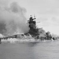 Admiral Graf Spee in flames after being scuttled in the River Plate Battle of the River Plate