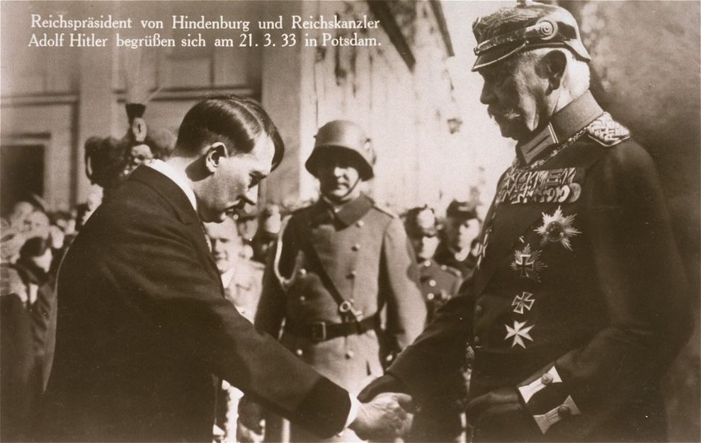 Recently appointed as German chancellor, Adolf Hitler greets President Paul von Hindenburg in Potsdam