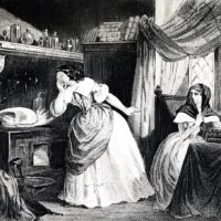 An engraving showing the laboratory of Catherine Deshayes, otherwise known as the most notorious sorceress in Paris, 'La Voisin'. Affair of the Poisons