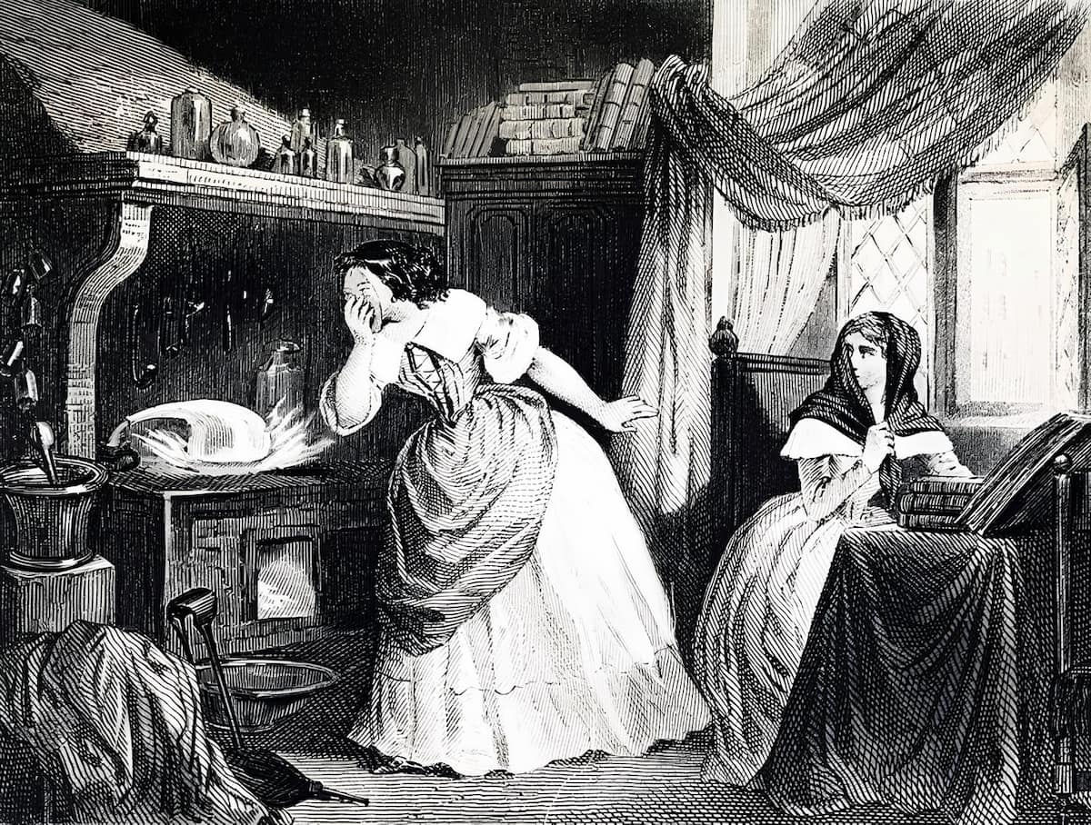 An engraving showing the laboratory of Catherine Deshayes, otherwise known as the most notorious sorceress in Paris, 'La Voisin'. Affair of the Poisons