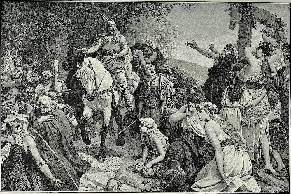 Representation of Arminius returning triumphant with the Keruscans.