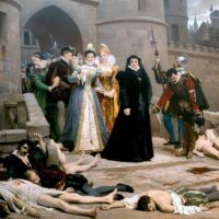 Catherine de Medici gazing at Protestants massacred in the aftermath of the massacre of St. Bartholomew.