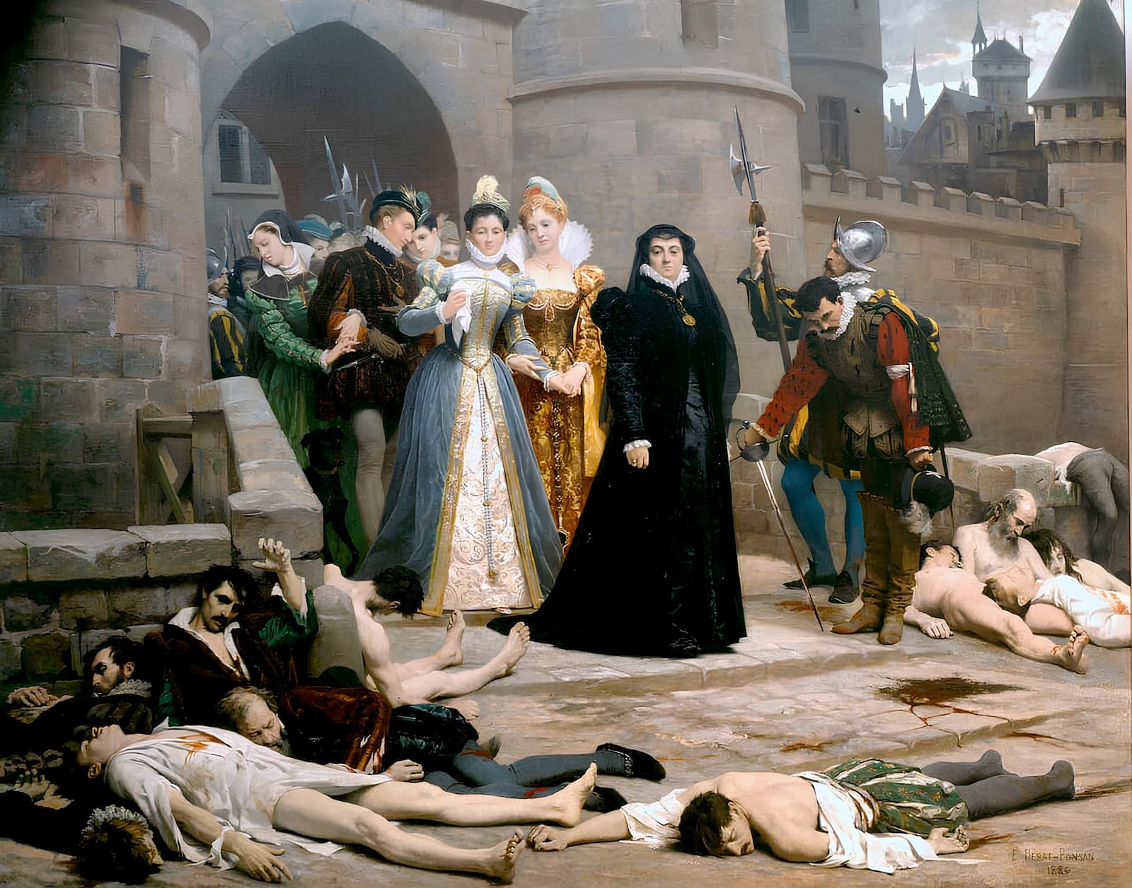 Catherine de Medici gazing at Protestants massacred in the aftermath of the massacre of St. Bartholomew.