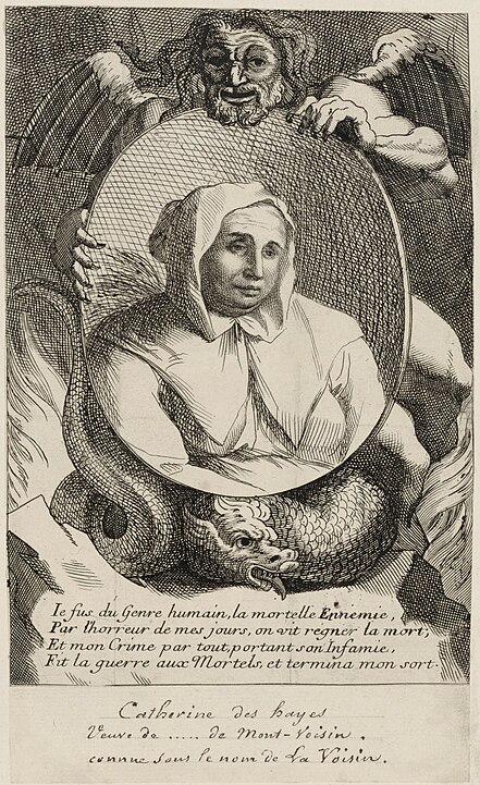 Catherine Deshayes, "La Voisin", 17th-century print of her portrait held by a winged devil.