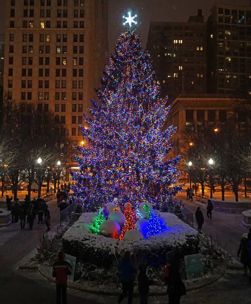 The Christmas tree at Millennium Park in Chicago, Illinois.