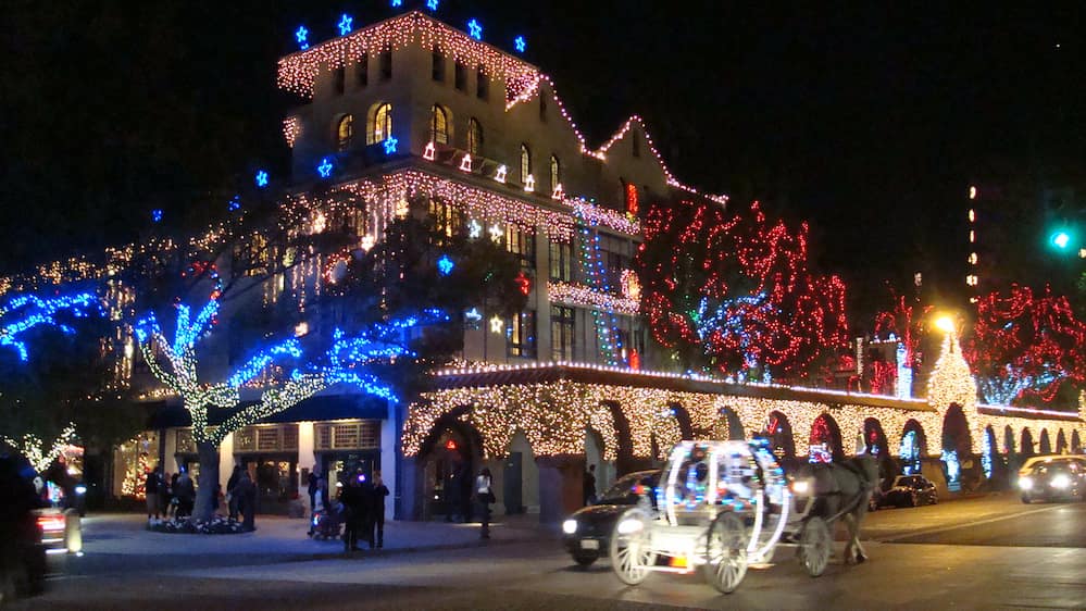  The Mission Inn at Christmas as viewed from the southwest corner.