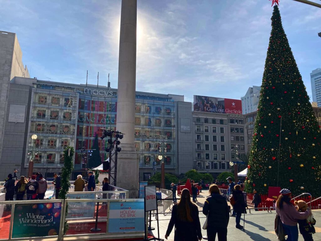 Union Square, San Francisco Christmas tree and ice rink during December.