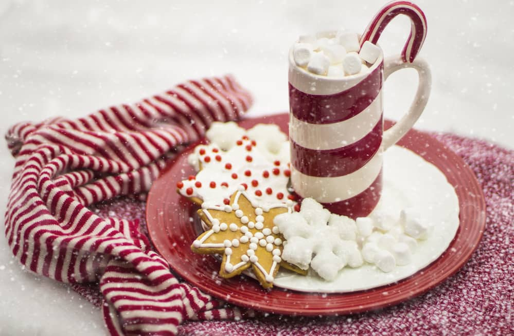 A christmas-themed dessert with hot chocolate and decorated gingerbread cookies.