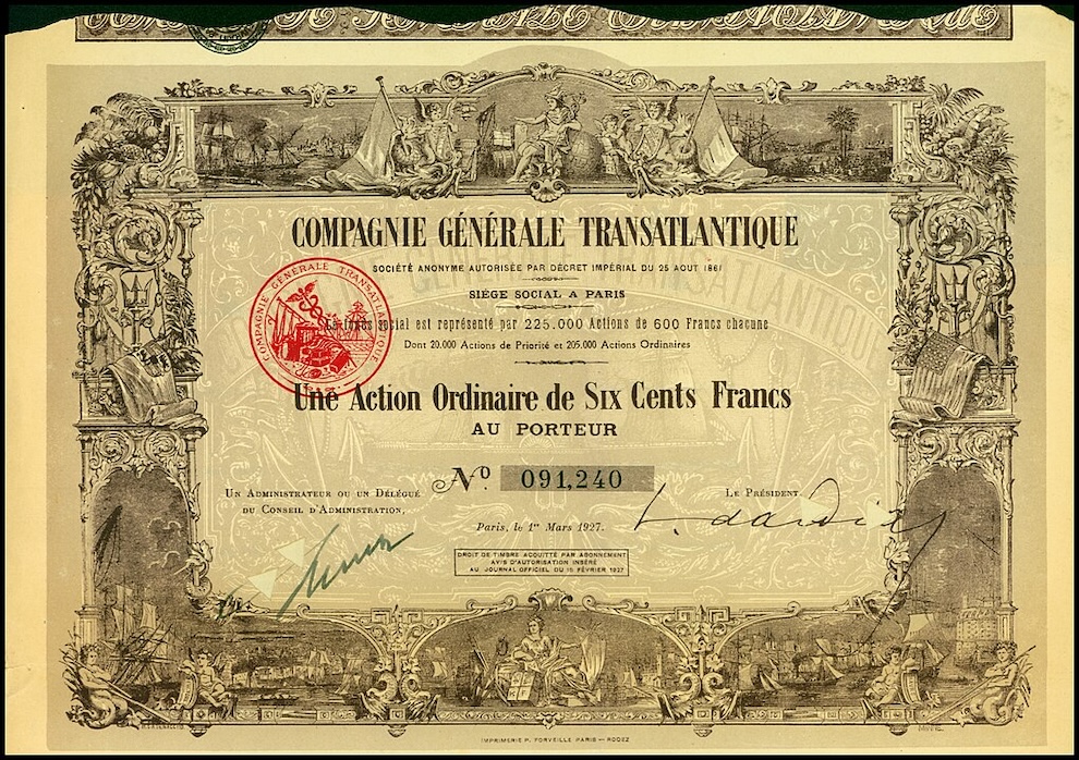 Share of the Compagnie Générale Transatlantique, issued 1. March 1927