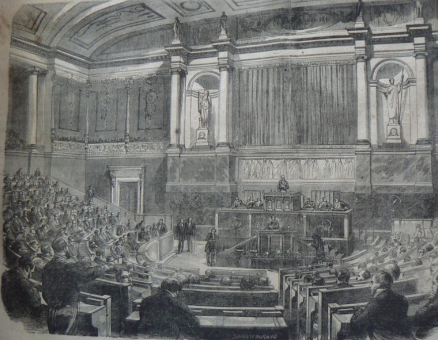 The meeting chamber of the corps législatif, published in Le Journal illustré, 1869.