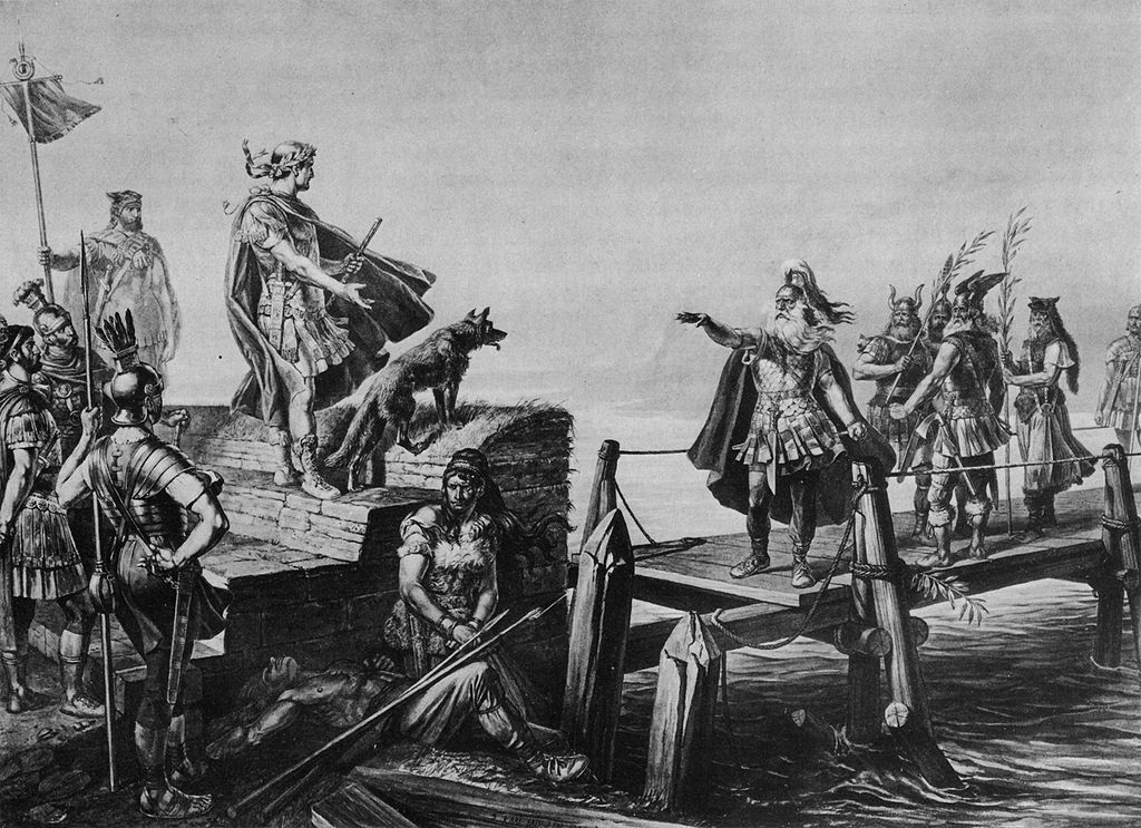 Caesar receives Divicon's ambassadorship on the Arar River after the Roman victory over the Helvetians.