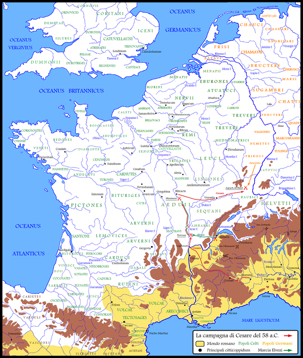 The campaigns of 58 BC (In Italian). Note the Roman territory in yellow does not yet include modern day France, the Low Countries, or Germany