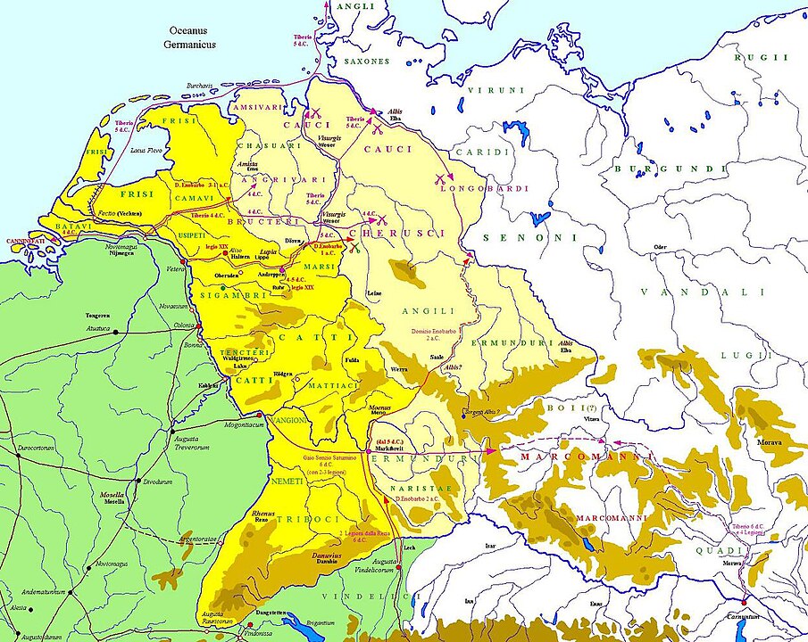 Map of the Roman expeditions in Germania between 3 BC and 6.