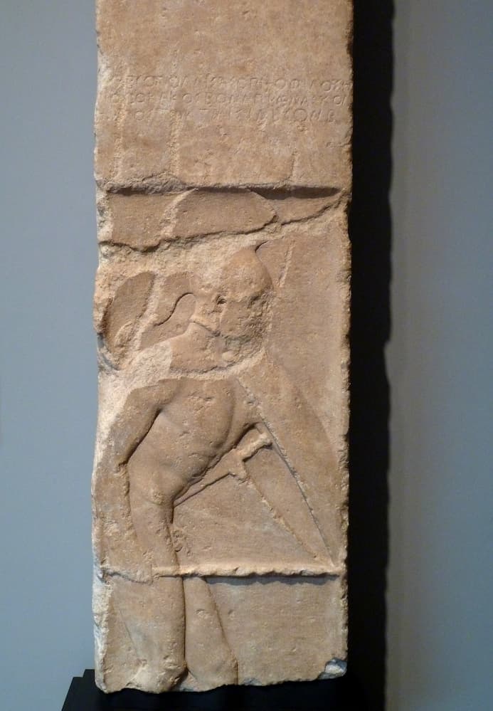 Gravestone of Pollis (c. 480 BCE, Megaris, Megara). A funerary stele or gravestone of a hoplite (foot soldier), which was initially painted.