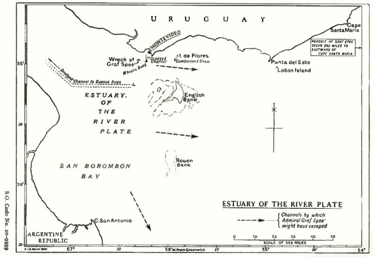 Map of the River Plate showing possible exit channels.