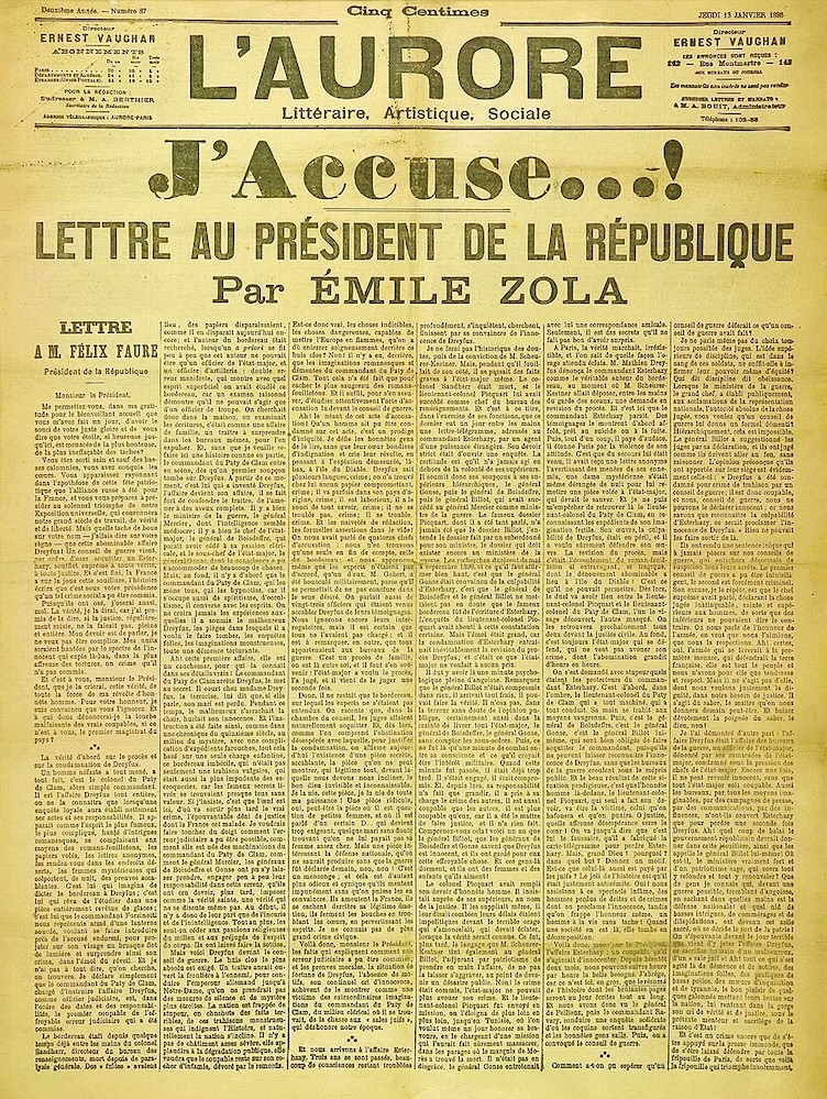 Front page cover of the newspaper L’Aurore Émile Zola Dreyfus Affair