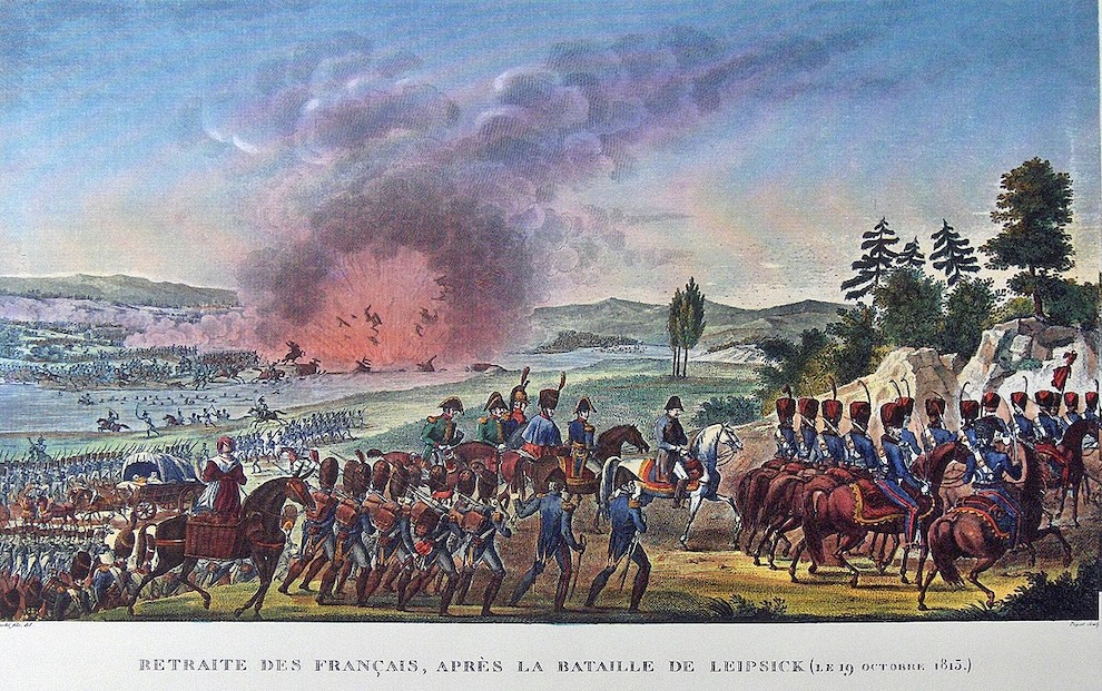 Napoleon's retreat on 19 October 1813, showing the explosion of the bridge. Battle of Leipzig