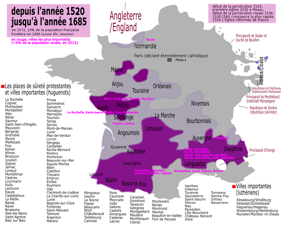 16th-century religious geopolitics on a map of modern France French Wars of Religion