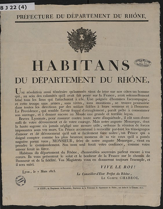 Royalist poster for the inhabitants of the Rhône. March 7, 1815.