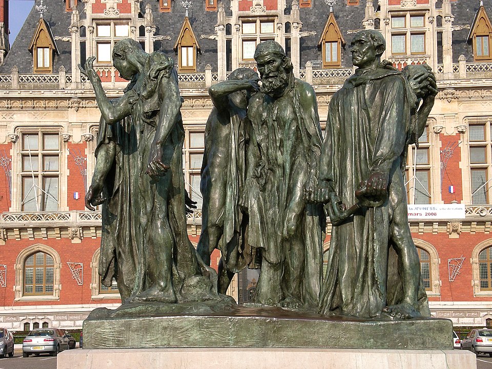 The staue of the Burghers of Calais in front of the Hôtel de Ville in Calais.