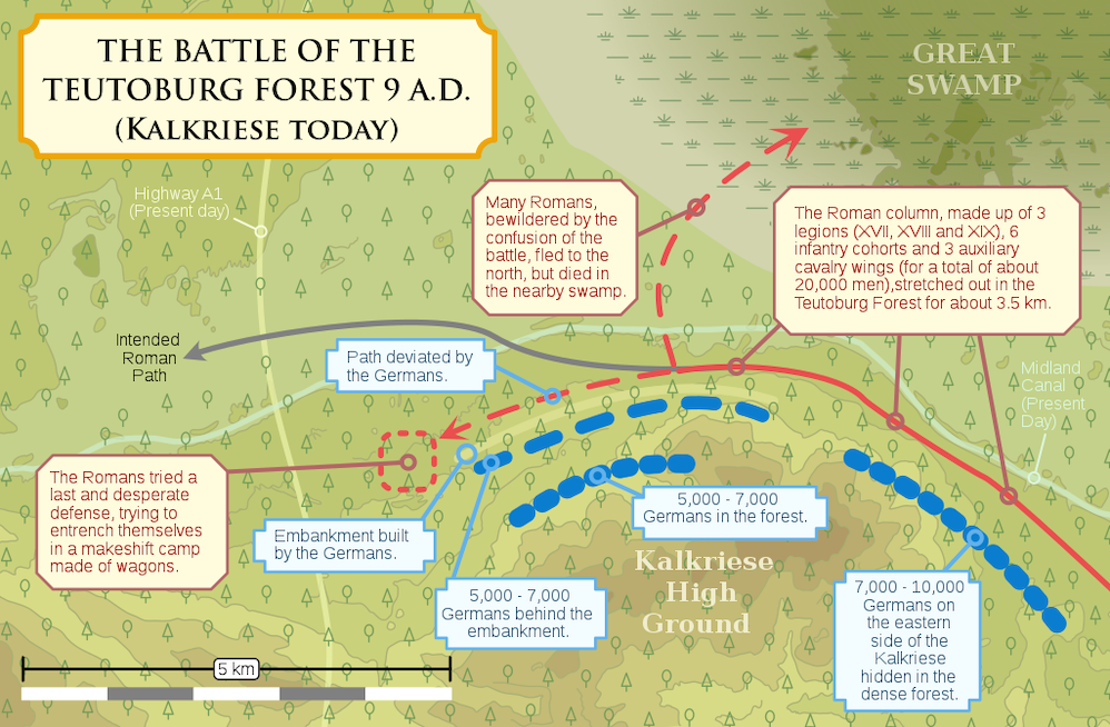 Map showing the defeat of Publius Quinctilius Varus at Kalkriese.